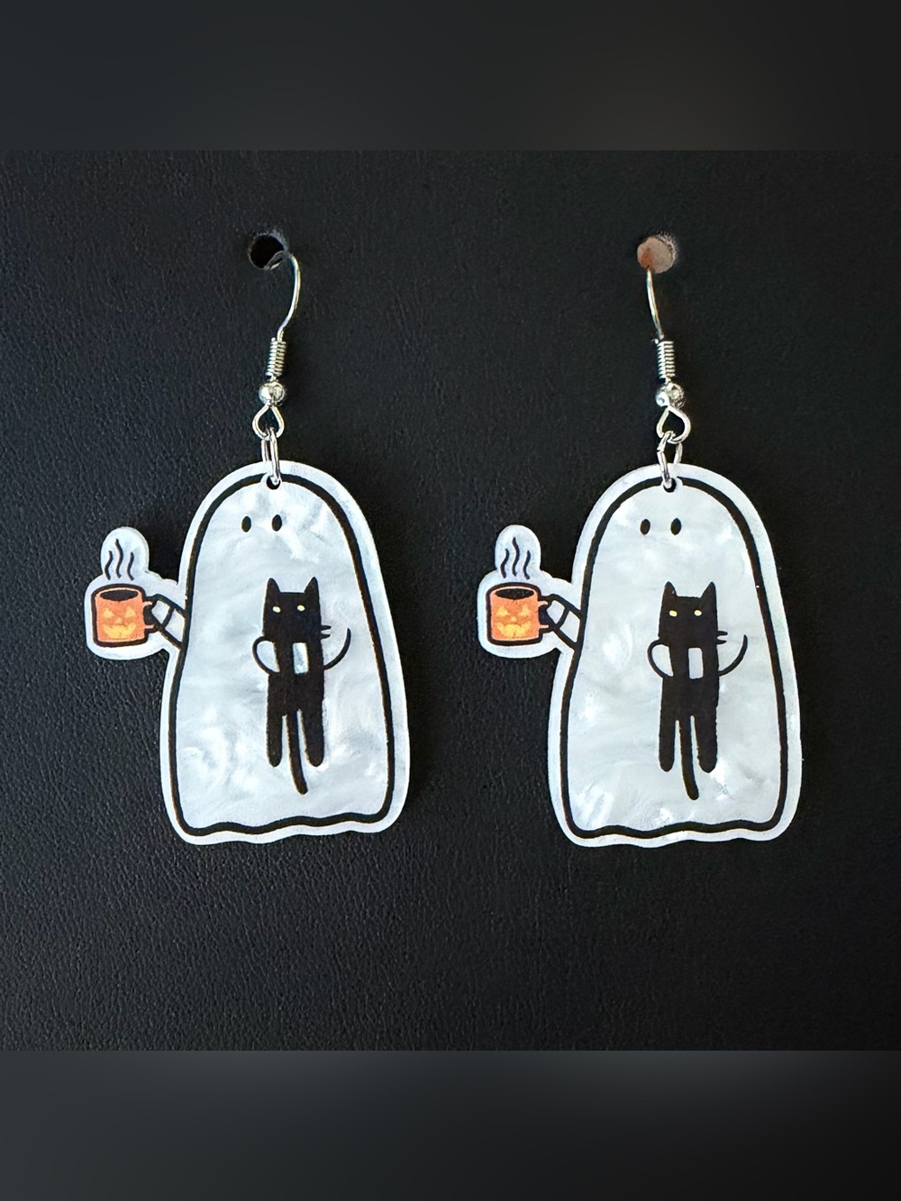 Coffee Drinking Ghost & Black Cat Halloween Dangle Earrings ☕️👻🐈‍⬛